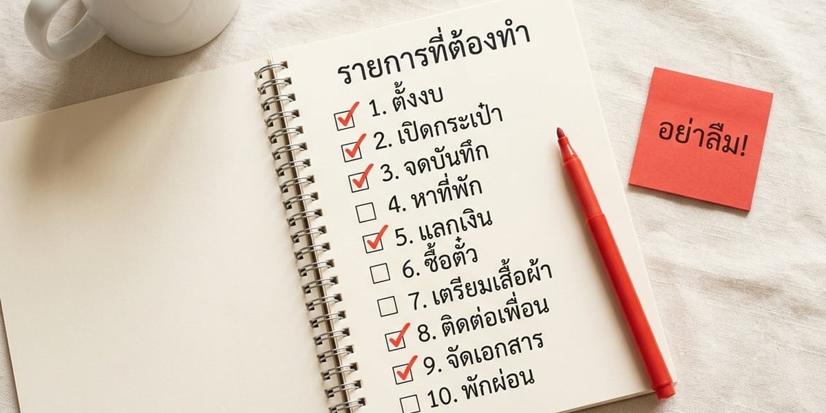 เช็คลิสต์คู่มือเริ่มต้นเว็บหวยออนไลน์บนโต๊ะทำงานพร้อมสมุดโน้ตและปากกาสีแดง